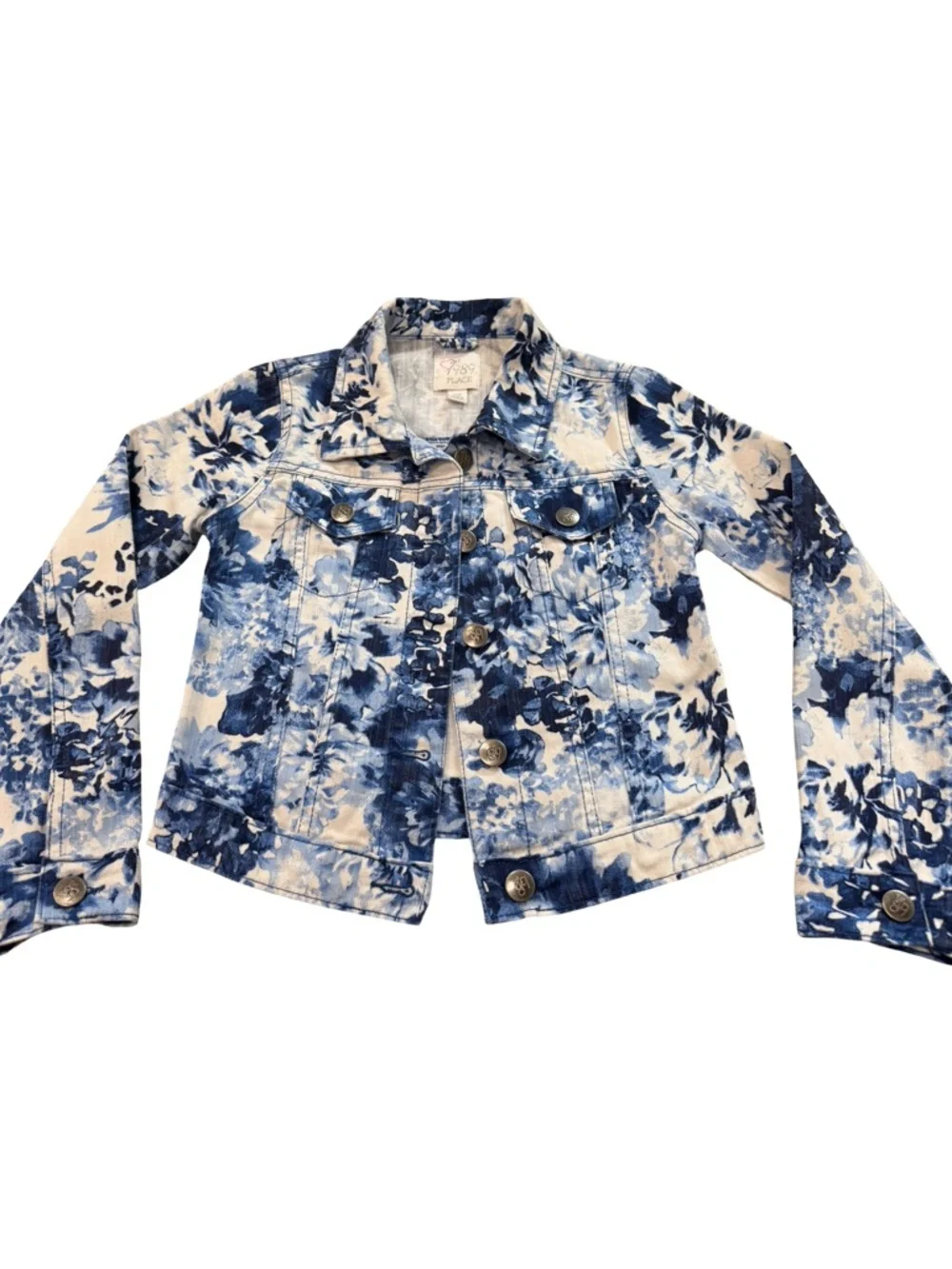 Children’s Place Blue Floral Denim Jacket Girls M 7/8 Cropped Cotton NWOT